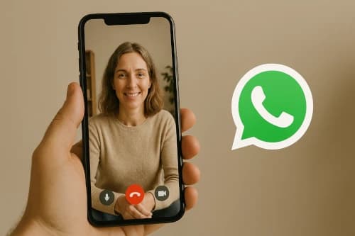 image qui représente un smartphone tenu à la main avec à côté l'icône de WhatsApp